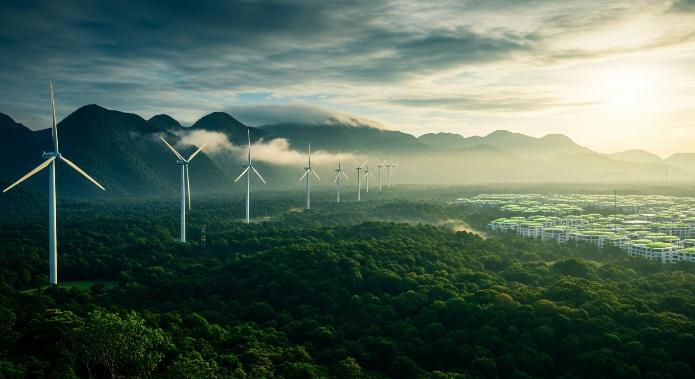 A scenic landscape featuring wind turbines integrated into a lush green environment, symbolizing the Shanghai Cooperation Organization's commitment to sustainable development.