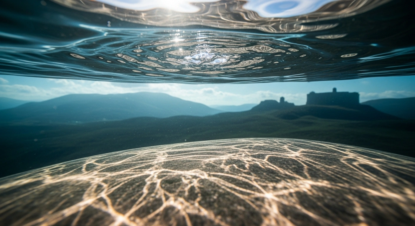 A serene underwater scene with sunlight filtering through clear water onto a smooth stone surface, subtly hinting at a verdant Scottish landscape in the background, symbolizing Scotland's legalization of environmentally friendly water cremations.