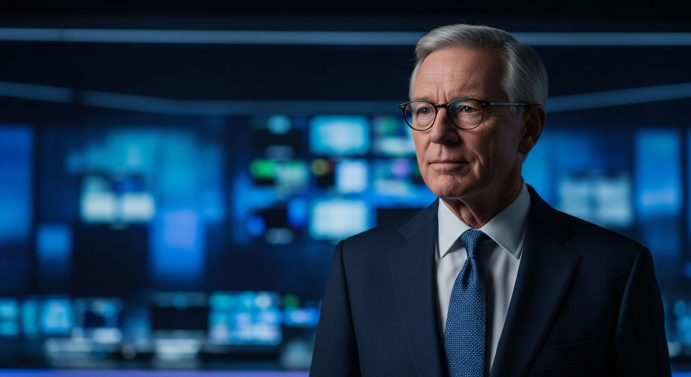 Journalist Scott Pelley stands in a professional television studio after his departure from the CBS Evening News anchor desk.