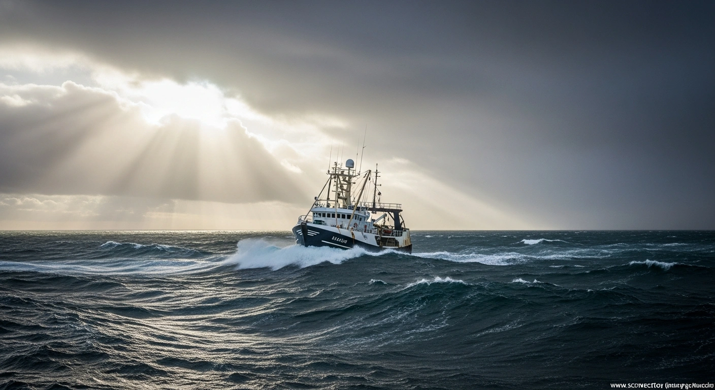 A weathered Scottish fishing trawler battles rough seas under a stormy sky, symbolizing the Scottish fishing industry's concerns over proposed UK-EU trade checks and potential loss of regulatory autonomy.