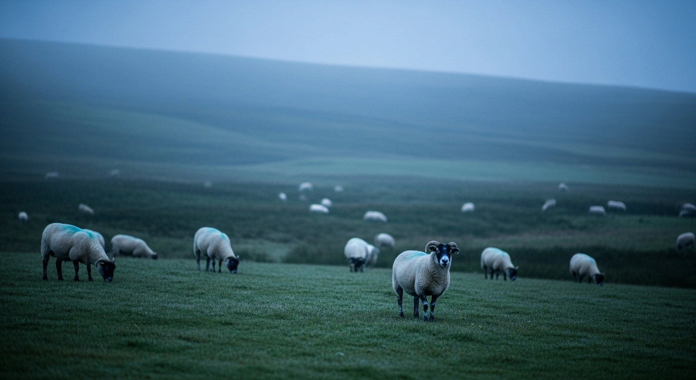 A flock of sheep grazes in a misty Scottish field as authorities monitor for the spread of the bluetongue virus.