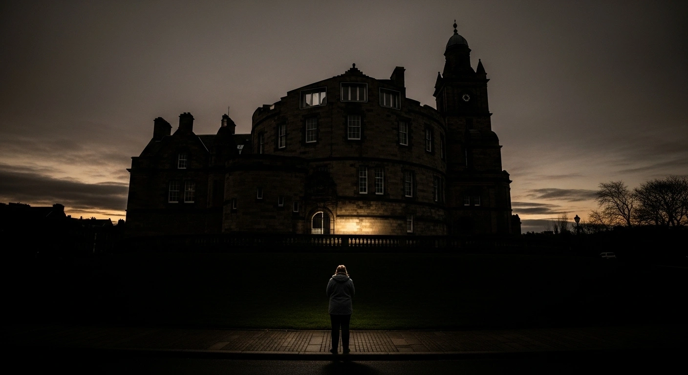 A wide, low-angle shot of a weathered Scottish landmark, such as a castle or parliament building, silhouetted against a bruised twilight sky with a solitary figure in the foreground, visually representing the record low public trust in the SNP government and satisfaction with NHS Scotland as indicated by the latest Scottish Social Attitudes survey.