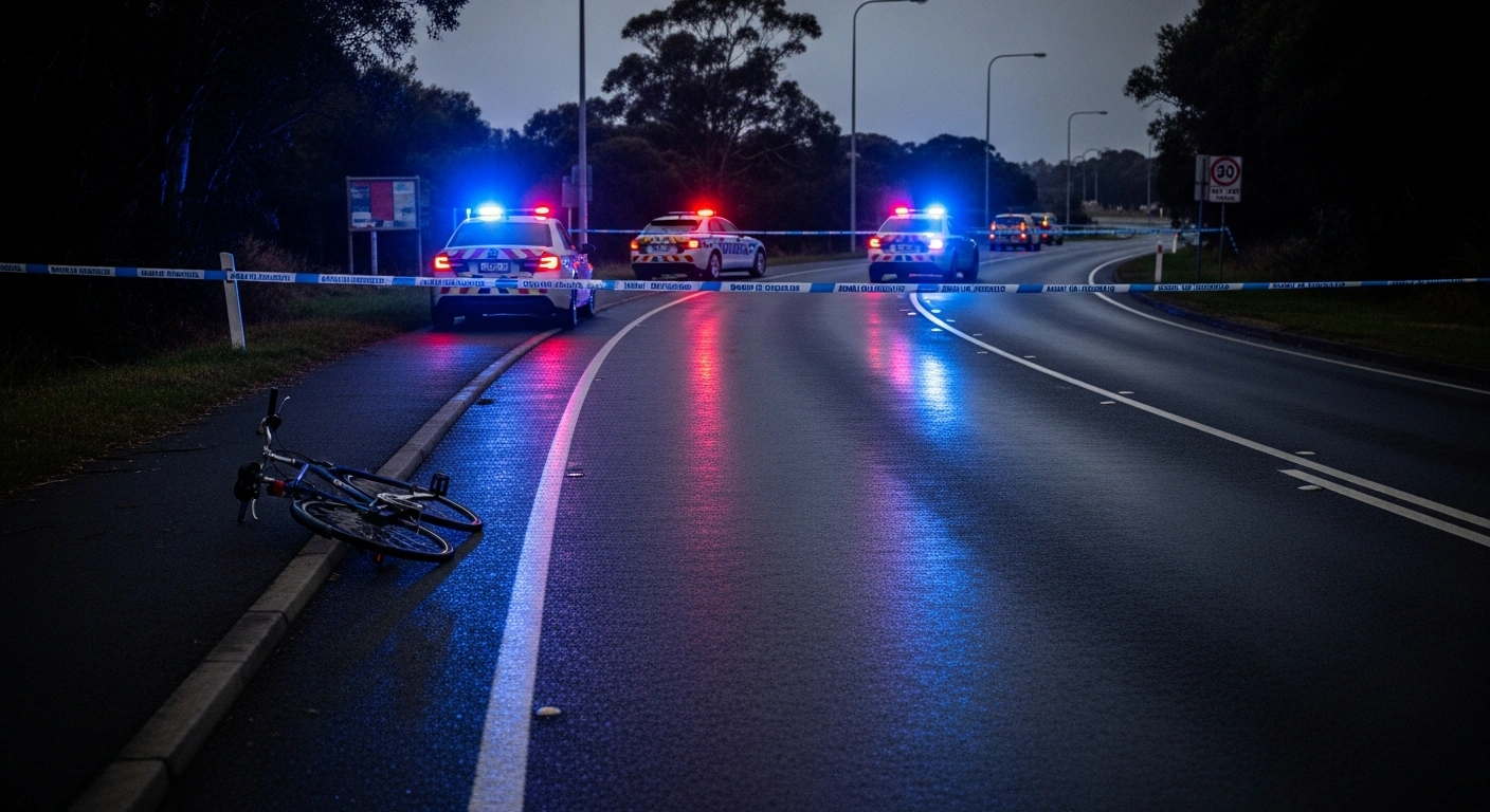South Australian police officers investigate the scene of a fatal collision involving a cyclist on Main South Road in Seaford.