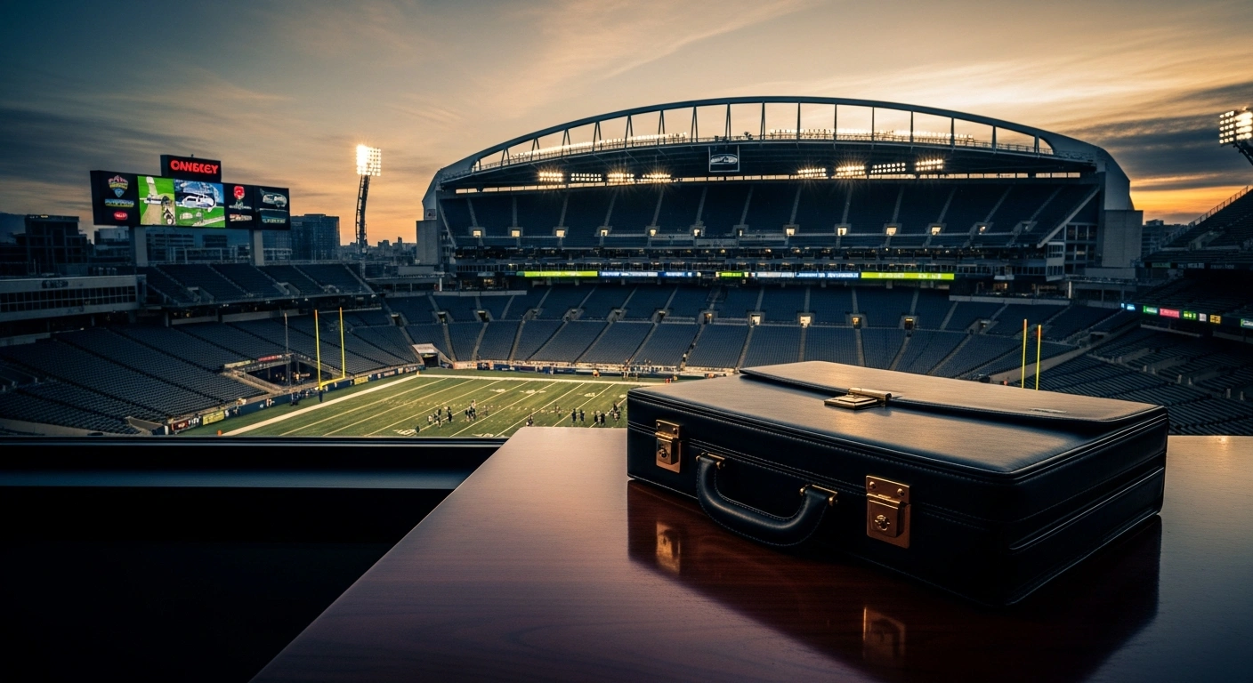 A professional leather briefcase sits on a table overlooking the Seattle Seahawks stadium, representing the record-breaking acquisition of the NFL franchise by a consortium led by Vinod Khosla.