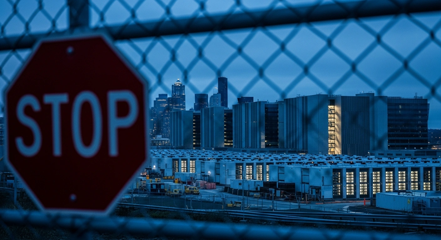 A modern datacenter facility stands under a twilight sky as the Seattle City Council implements a moratorium on new construction projects.