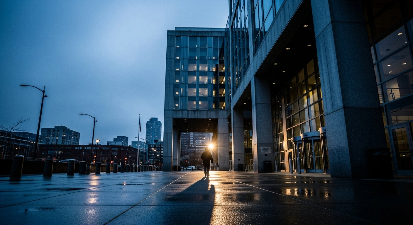 A silhouette of a person walks away from the Seattle municipal building following the resignation of Police Chief Adrian Diaz.