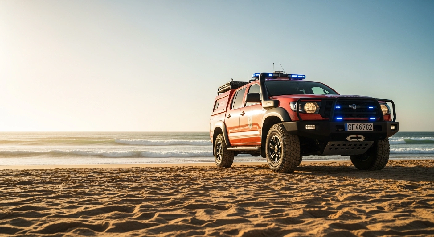 A specialized SEAWATCH rescue vehicle patrols the coastline in Portimão, Portugal, to enhance maritime safety and emergency response for beachgoers.