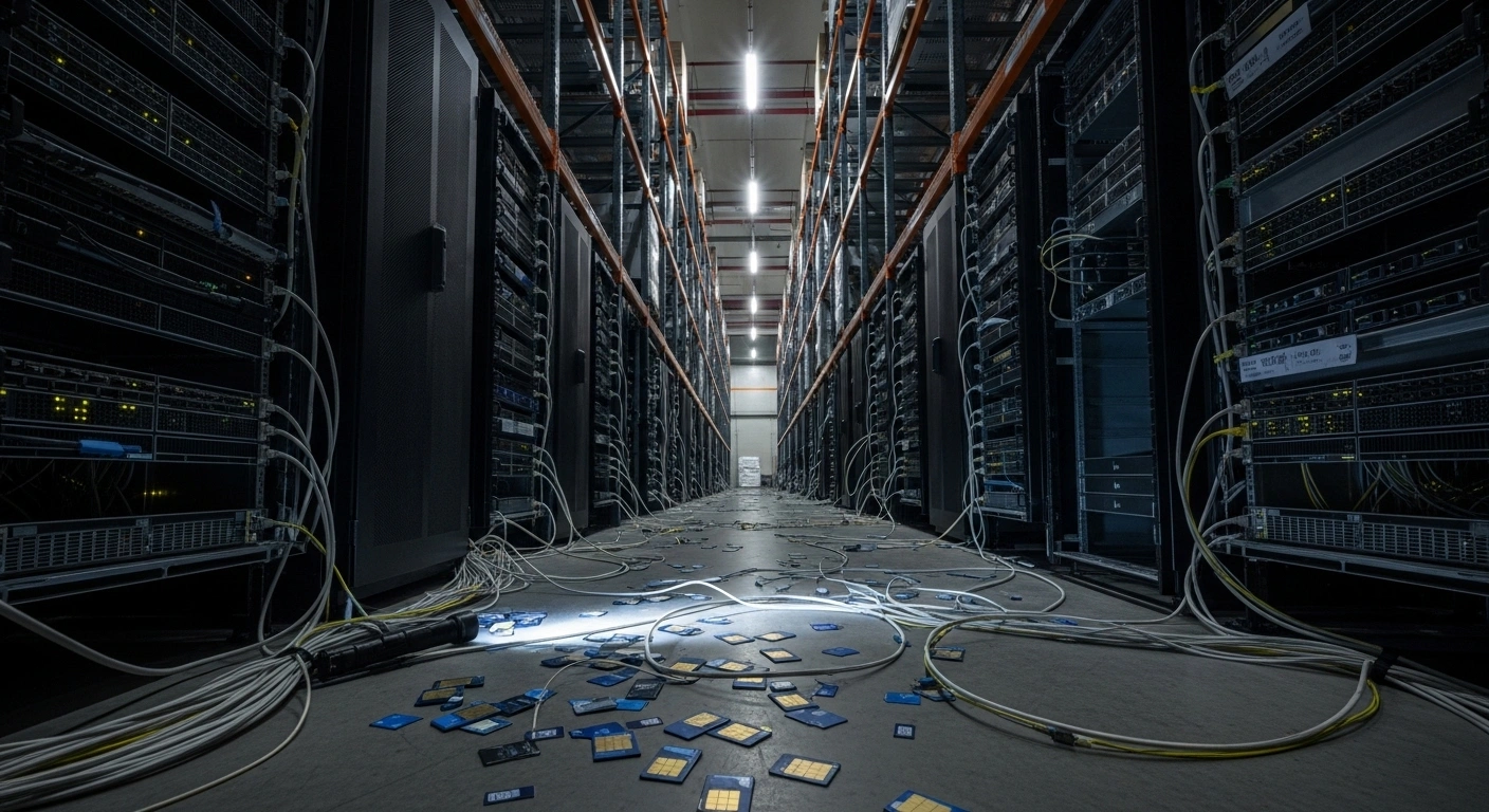 A dimly lit warehouse interior reveals towering racks of dark, inert server blades and a tangled web of fiber optic cables and discarded SIM cards on the concrete floor, symbolizing the sophisticated electronic network dismantled by the U.S. Secret Service that posed a telecommunications threat.