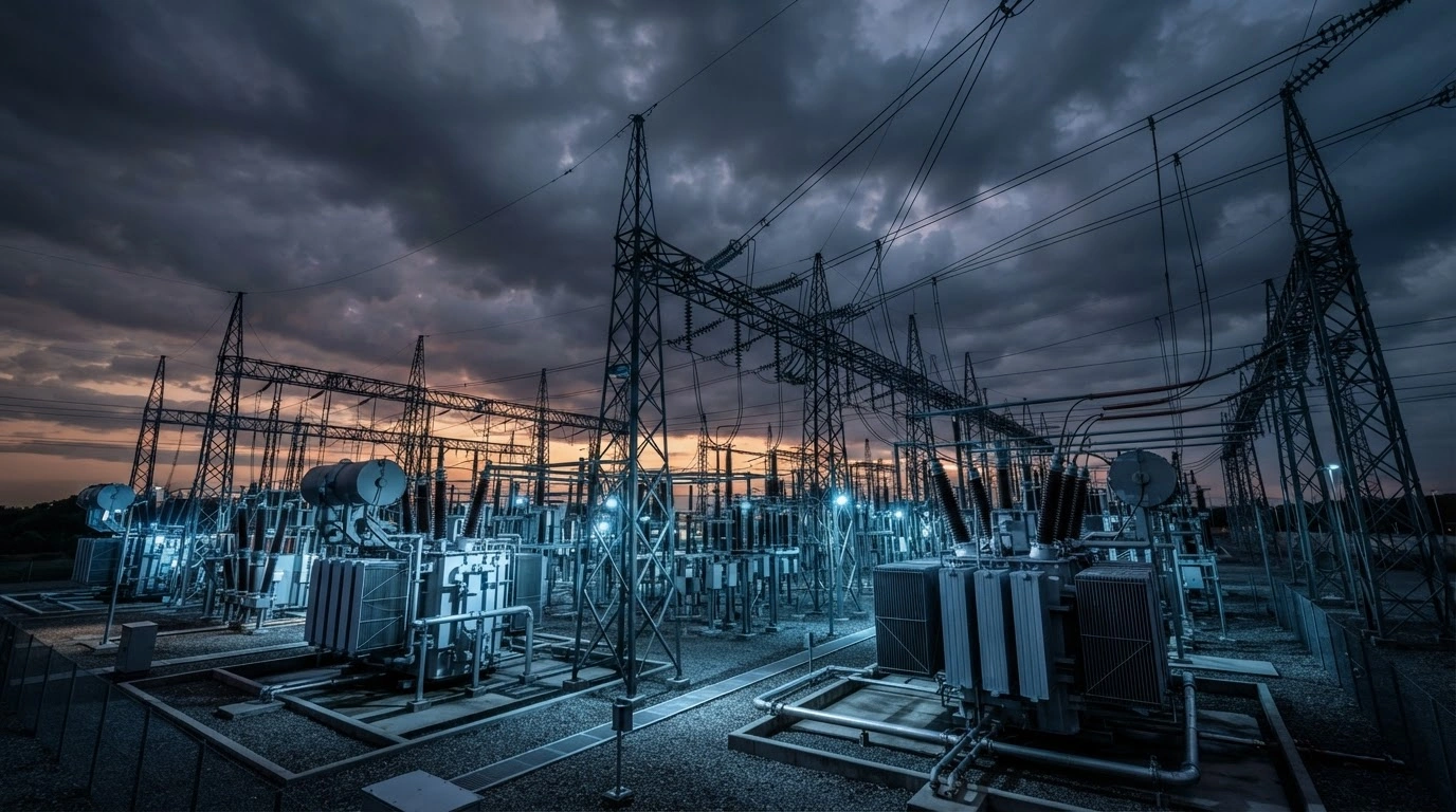 A vast electrical substation at twilight represents the critical infrastructure protected by the executive order regarding the United States bulk-power system.