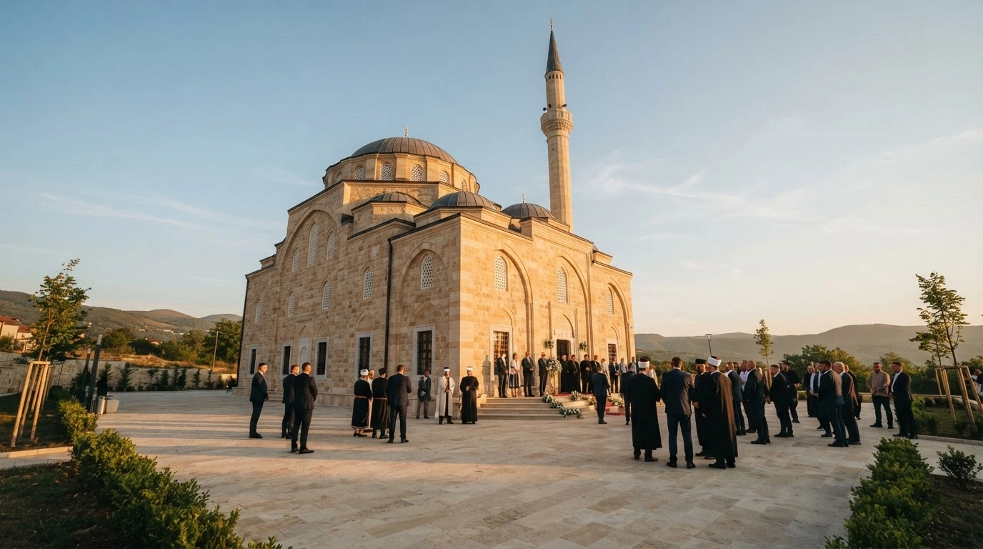 The newly inaugurated Selimija Mosque stands in Pljevlja, Montenegro, as local officials and religious leaders gather for the opening ceremony.