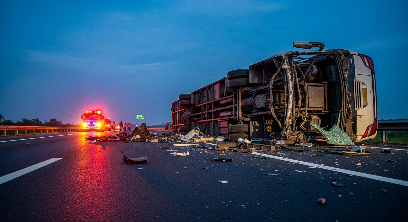 An overturned passenger bus lies mangled on the Krapyak Toll Road in Semarang, Central Java, at dawn, surrounded by flashing emergency lights and debris, following a crash that resulted in fatalities and injuries.