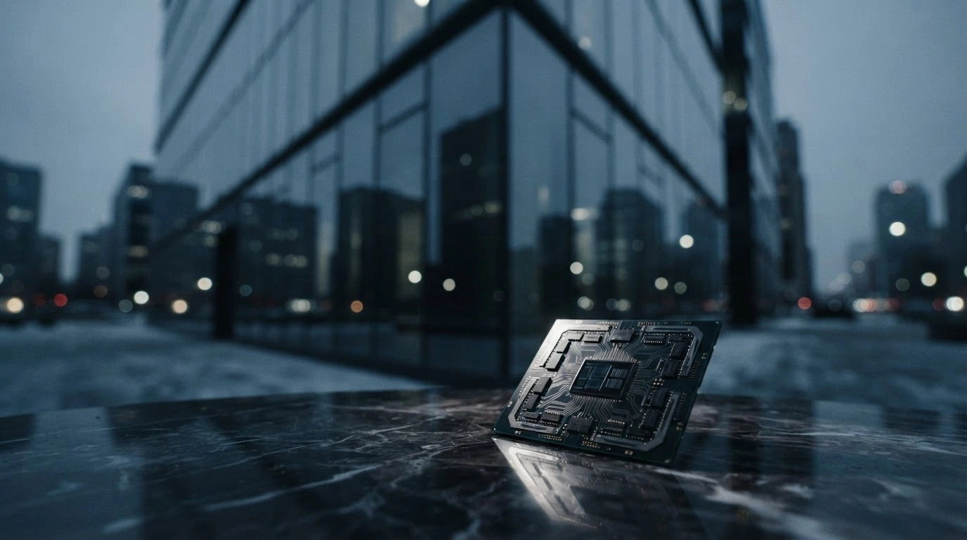 A high-end semiconductor chip sits on a dark marble surface in front of a modern office building, representing the global scrutiny surrounding Nvidia and Chinese intelligence allegations.