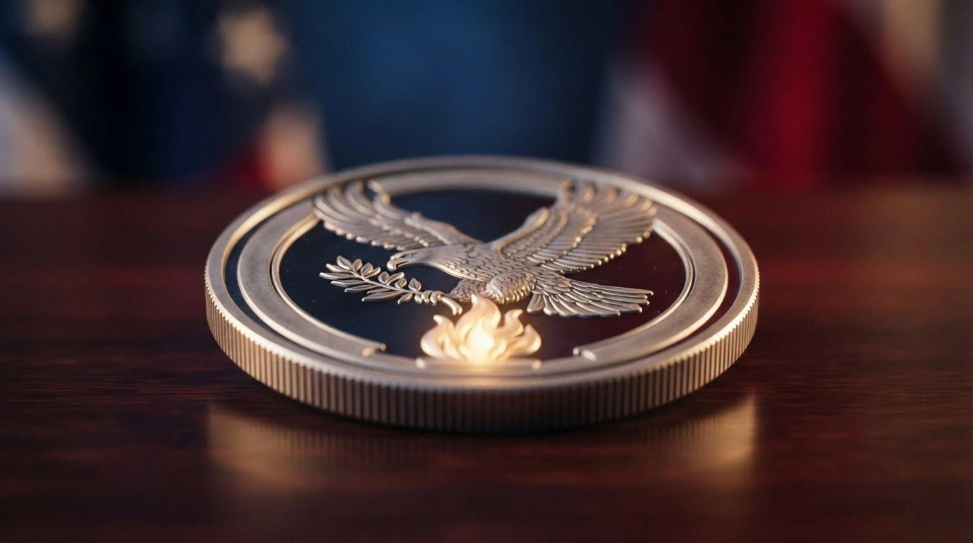 A close-up view of the 2026 Semiquincentennial Enduring Liberty Half Dollar coin resting on a dark surface to commemorate the 25th anniversary of the September 11 attacks.