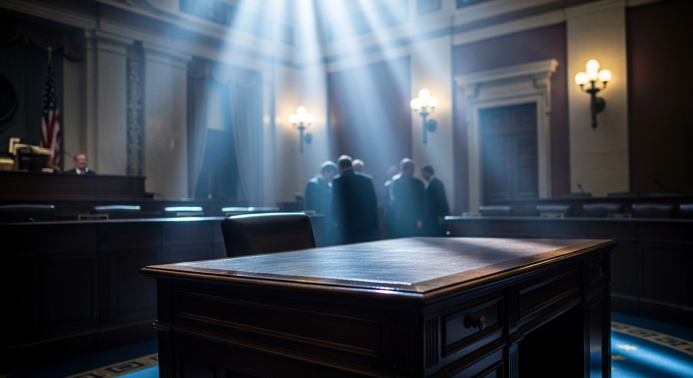 A group of U.S. senators stands in a dimly lit chamber, representing the bipartisan blockade of government surveillance authority extensions.