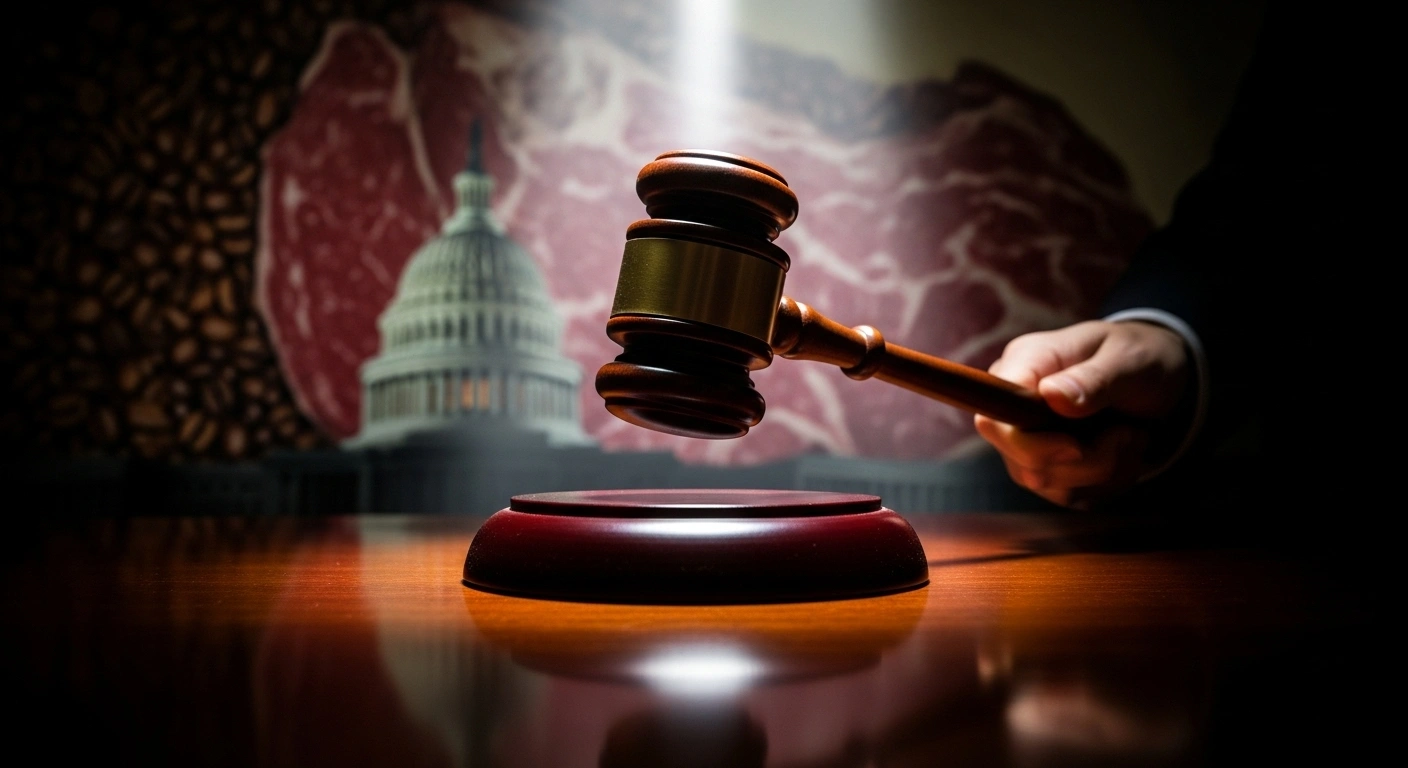 A wooden gavel is suspended mid-air above a polished desk, with the U.S. Capitol dome and abstract patterns of coffee beans and beef in the soft-focus background, symbolizing the U.S. Senate's vote to terminate tariffs on Brazilian imports, which faces hurdles in the House and a potential presidential veto.