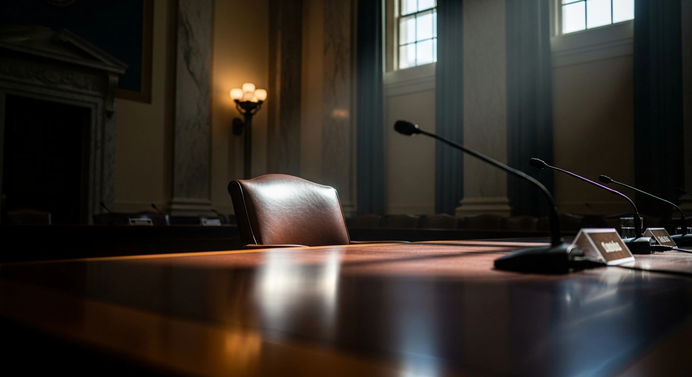 An empty witness chair sits in a formal Senate hearing room as the U.S. Senate Judiciary Committee advances the nomination of Todd Blanche for Deputy Attorney General.