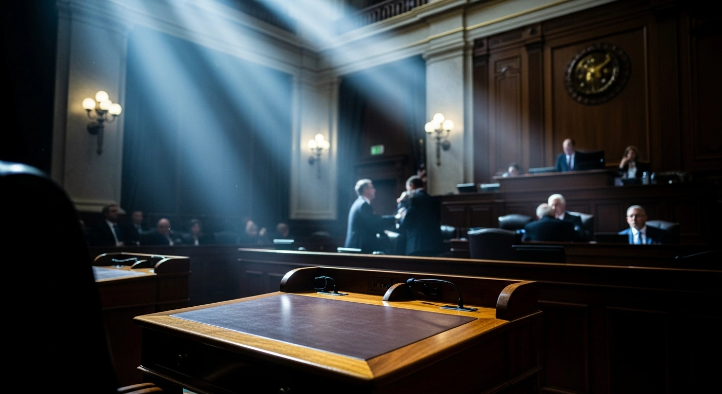 The interior of the United States Senate chamber is shown with dramatic lighting as senators deliberate on new bipartisan legislation targeting Russian economic interests.