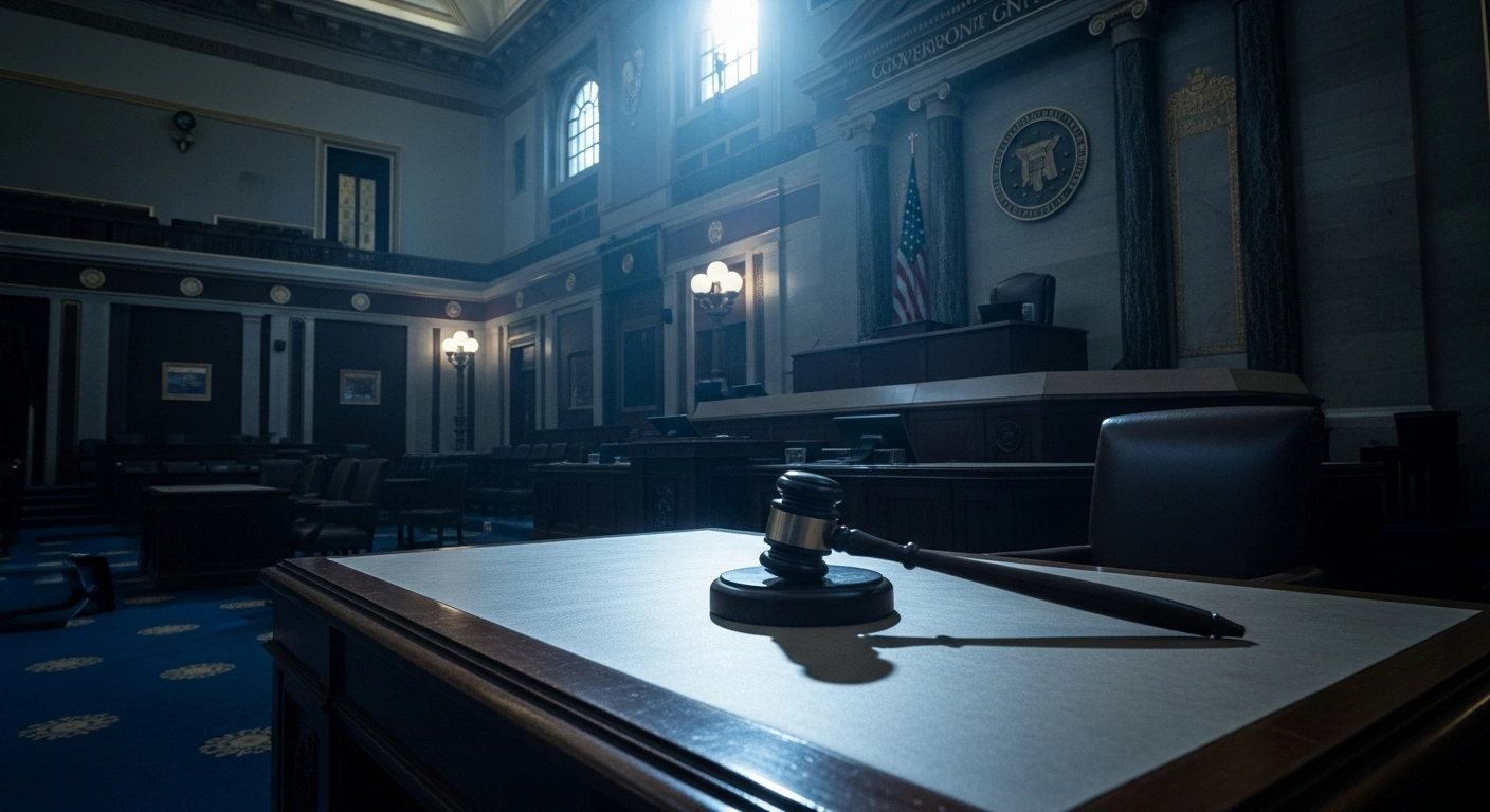 A wide, low-angle shot of the deserted U.S. Senate chamber, illuminated by cold, blue pre-dawn light, with a forgotten gavel resting askew on the Speaker's desk, symbolizing the recent failure to advance a critical spending package and the looming government shutdown deadline driven by demands for Department of Homeland Security reforms.