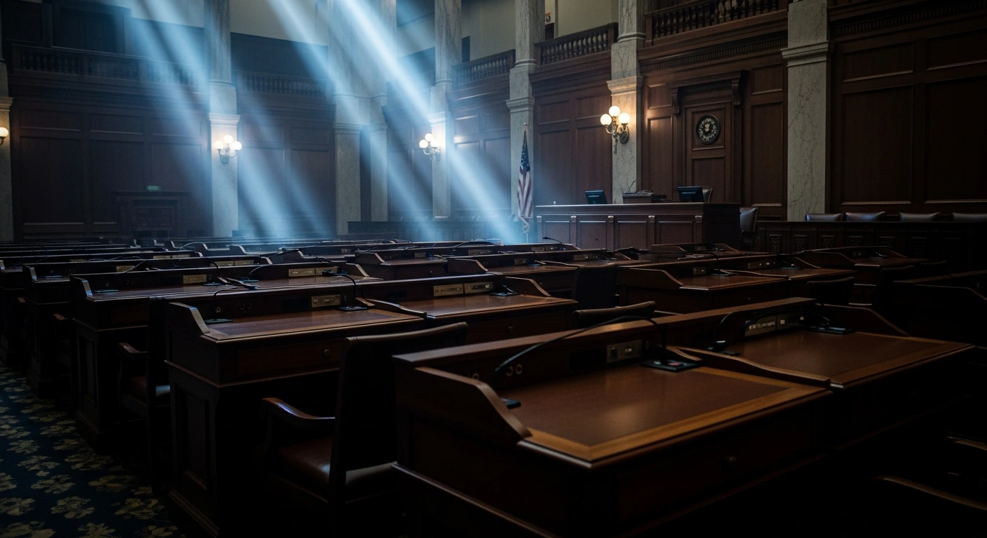The interior of the United States Senate chamber is shown in dim lighting during a debate over presidential war powers and military authority.