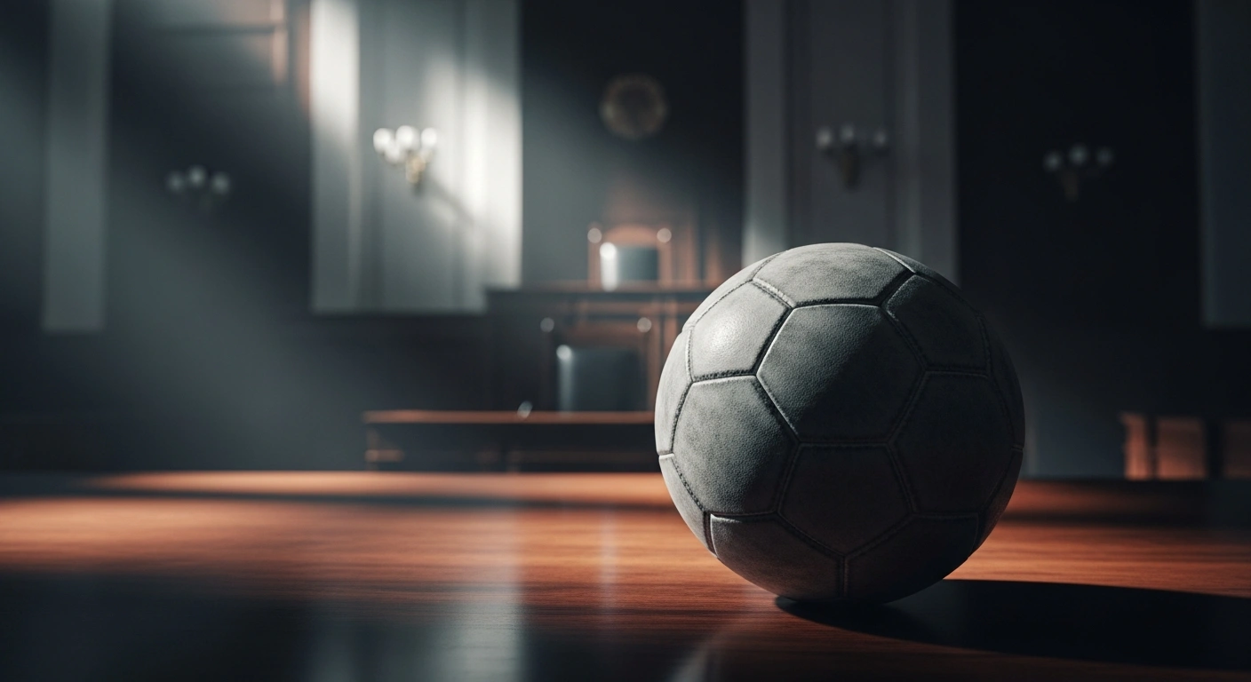 A soccer ball sits on a courtroom table representing the Senegalese Football Federation's legal appeal to the Court of Arbitration for Sport regarding their AFCON title.