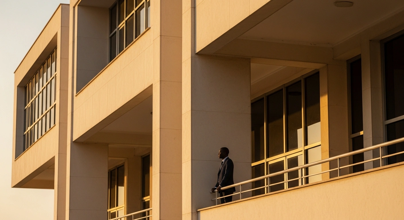 A government official stands on a balcony in Dakar, Senegal, representing the administration's commitment to transparency regarding national debt.