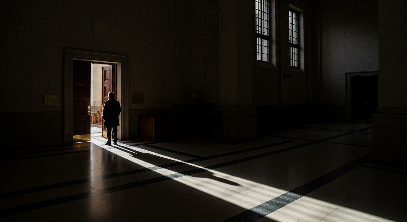 A solitary figure stands at a crossroads in a stark, high-contrast courthouse corridor, with one path leading to a brightly lit door and another to deep shadow, representing the complex legal situation of expelled BJP leader Kuldeep Singh Sengar after the Delhi High Court suspended his life imprisonment sentence in the Unnao rape case, granting him bail pending appeal while he remains in custody for a separate case.