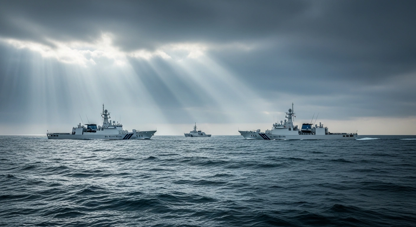 Japanese and Chinese coast guard vessels engage in a tense maritime standoff near the disputed Senkaku Islands in the East China Sea.