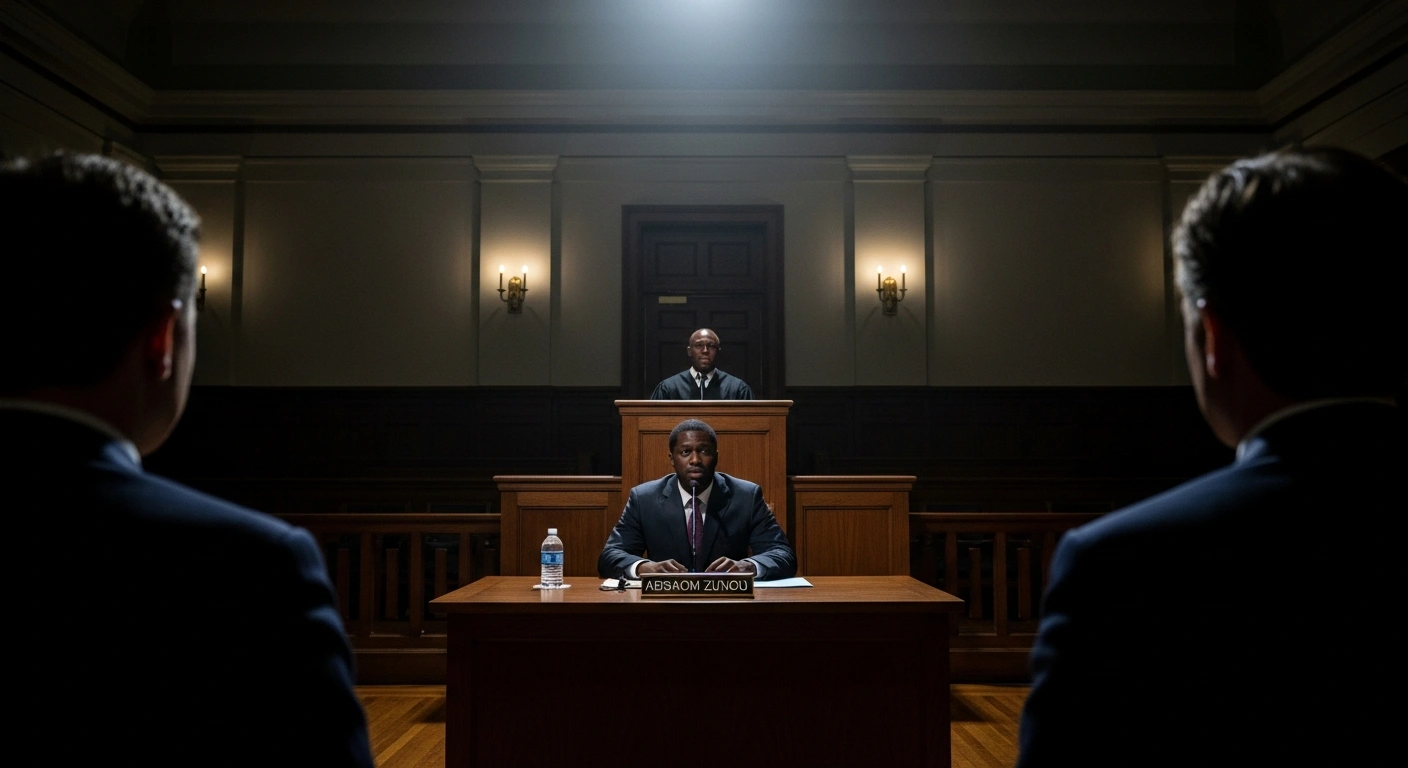 A dramatic low-angle shot captures key defense witness Absalom Zungu testifying under a stark spotlight in the High Court in Pretoria during the high-profile Senzo Meyiwa murder trial, highlighting the solemnity of proceedings marked by allegations of police misconduct and inadmissible confessions.