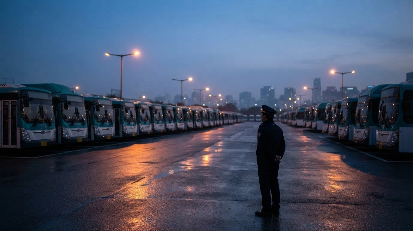 A row of empty city buses sits idle in a Seoul depot as unionized drivers prepare for a strike over wage negotiations.