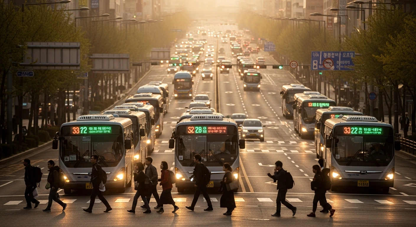 A wide, slightly elevated view of a bustling Seoul street at dawn, with numerous city buses moving and commuters boarding, reflecting the resumption of bus service in Seoul after a two-day strike concluded with an agreement on wages and retirement age.