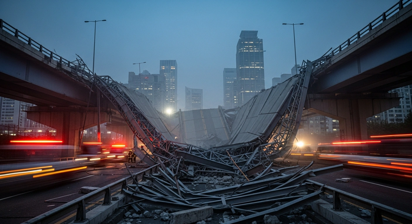 Emergency responders work at the site of a partial overpass collapse in Seoul, South Korea, where debris and structural damage are visible.
