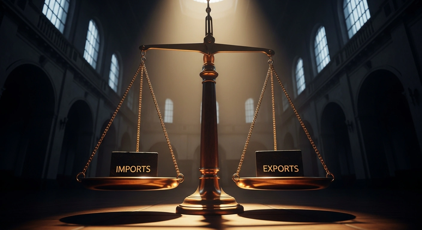An antique balance scale in a grand, dimly lit chamber visually represents a narrowing trade deficit, with the import side of the scale lifting significantly more than the export side, reflecting the economic improvement for Bosnia and Herzegovina's Serb Republic.