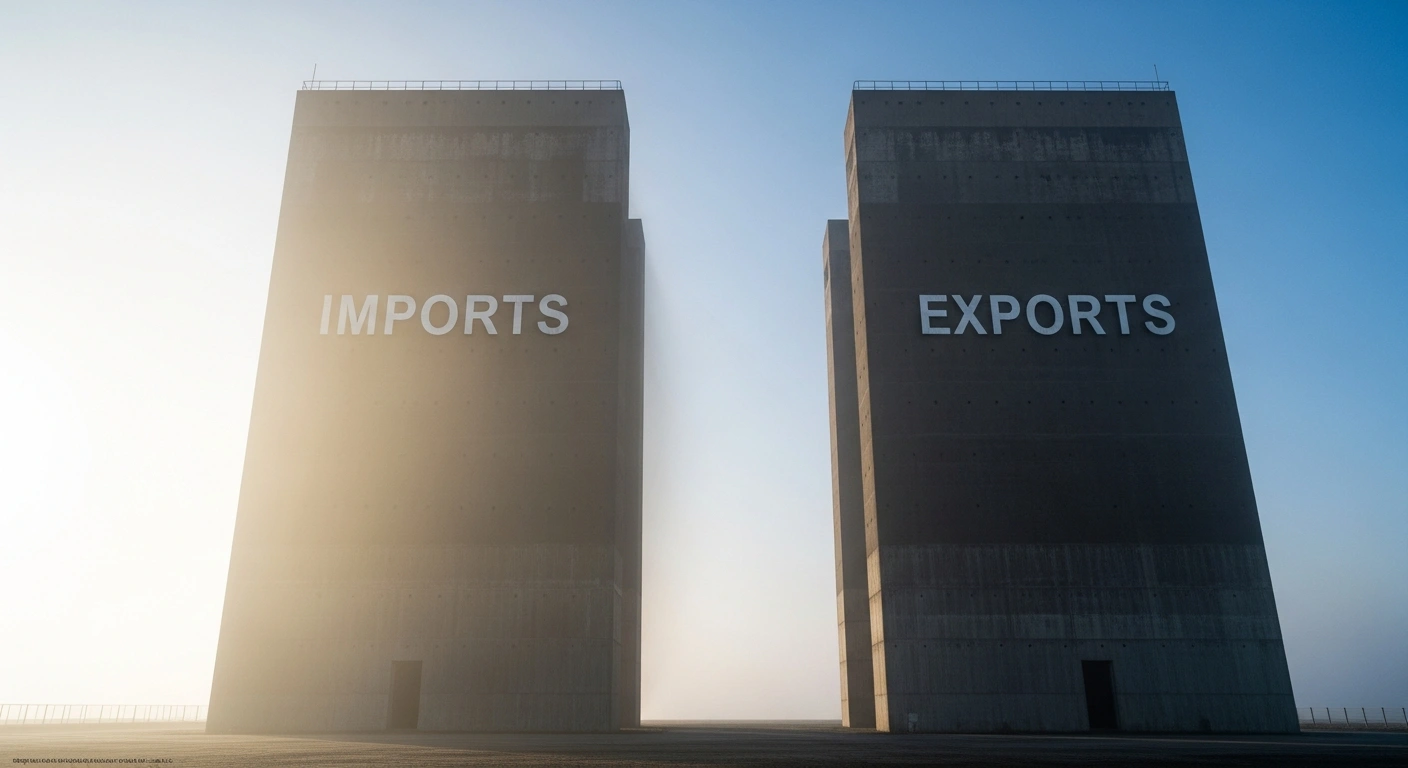 A dramatic, low-angle shot of two large, abstract industrial structures, one receding faster than the other, symbolizing the narrowing trade deficit in Bosnia and Herzegovina's Serb Republic in January, which decreased by 17% to 120.1 million marka due to a larger decline in imports than exports.