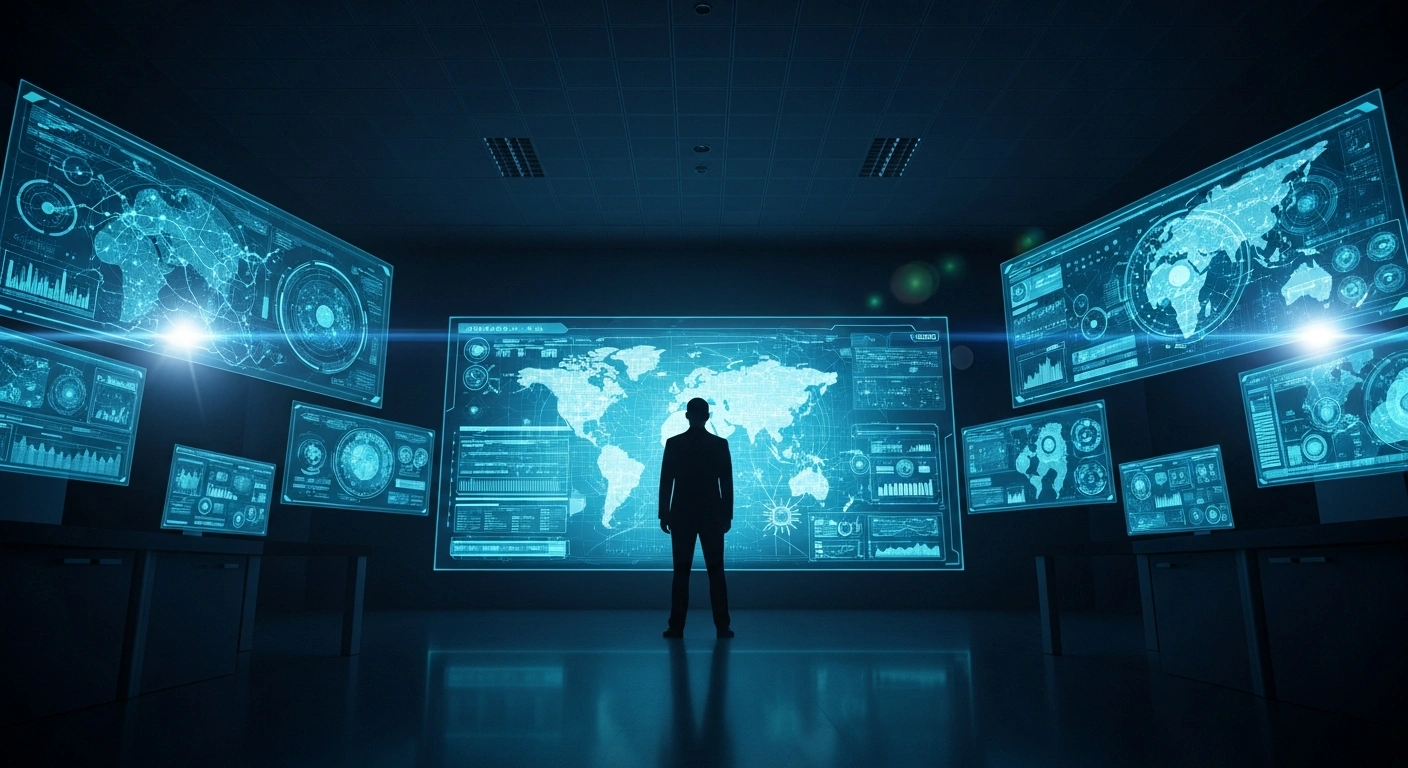 A silhouetted figure observes complex data on a large holographic screen in a modern, blue-lit intelligence operations center, representing Serbia's Security Information Agency (BIA) enhancing its technological and operational capacities with an increased budget.