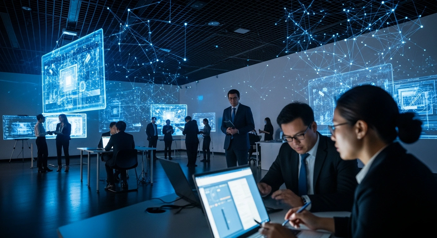 A photorealistic image depicting the interior of a modern cybersecurity innovation hub in Belgrade, featuring diverse groups from public, private, academic, and startup sectors collaborating around holographic displays and glowing network lines, symbolizing Serbia's 'Cyber District' initiative to enhance national cyber resilience.