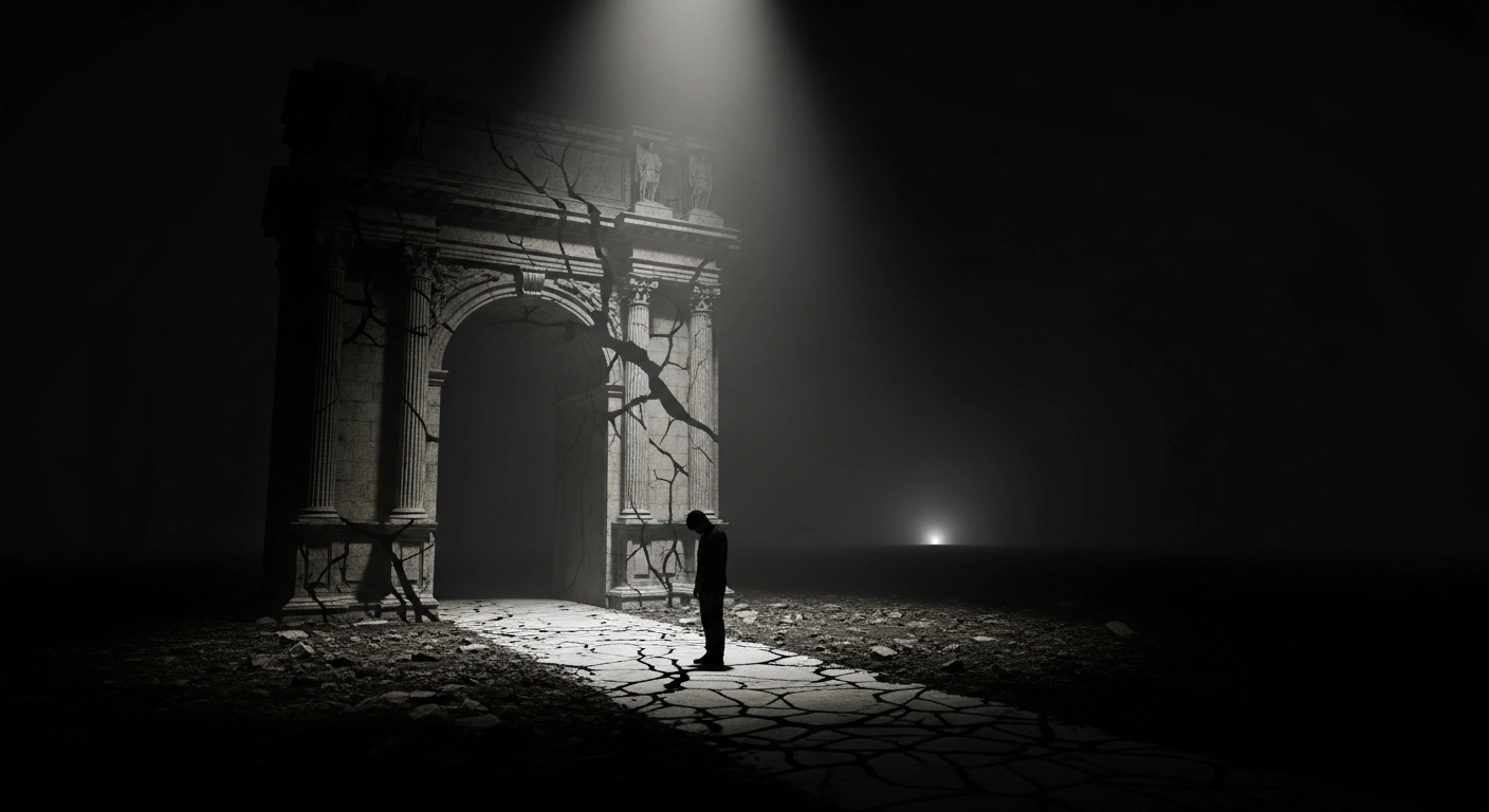 A lone, silhouetted figure stands on a cracked path before a crumbling classical archway, illuminated by a harsh spotlight, with a faint, distant light on the horizon, symbolizing Serbia's challenges with widespread corruption, lack of accountability, and declining freedom of expression, which are hindering its EU accession path as noted in the European Commission's report.