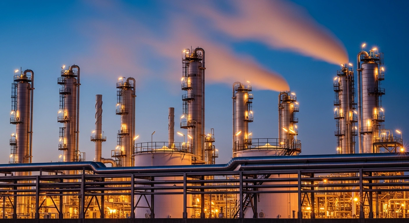A modern oil refinery at dusk represents the Serbian government's decision to extend the export ban on diesel, petrol, and crude oil to stabilize the domestic energy market.