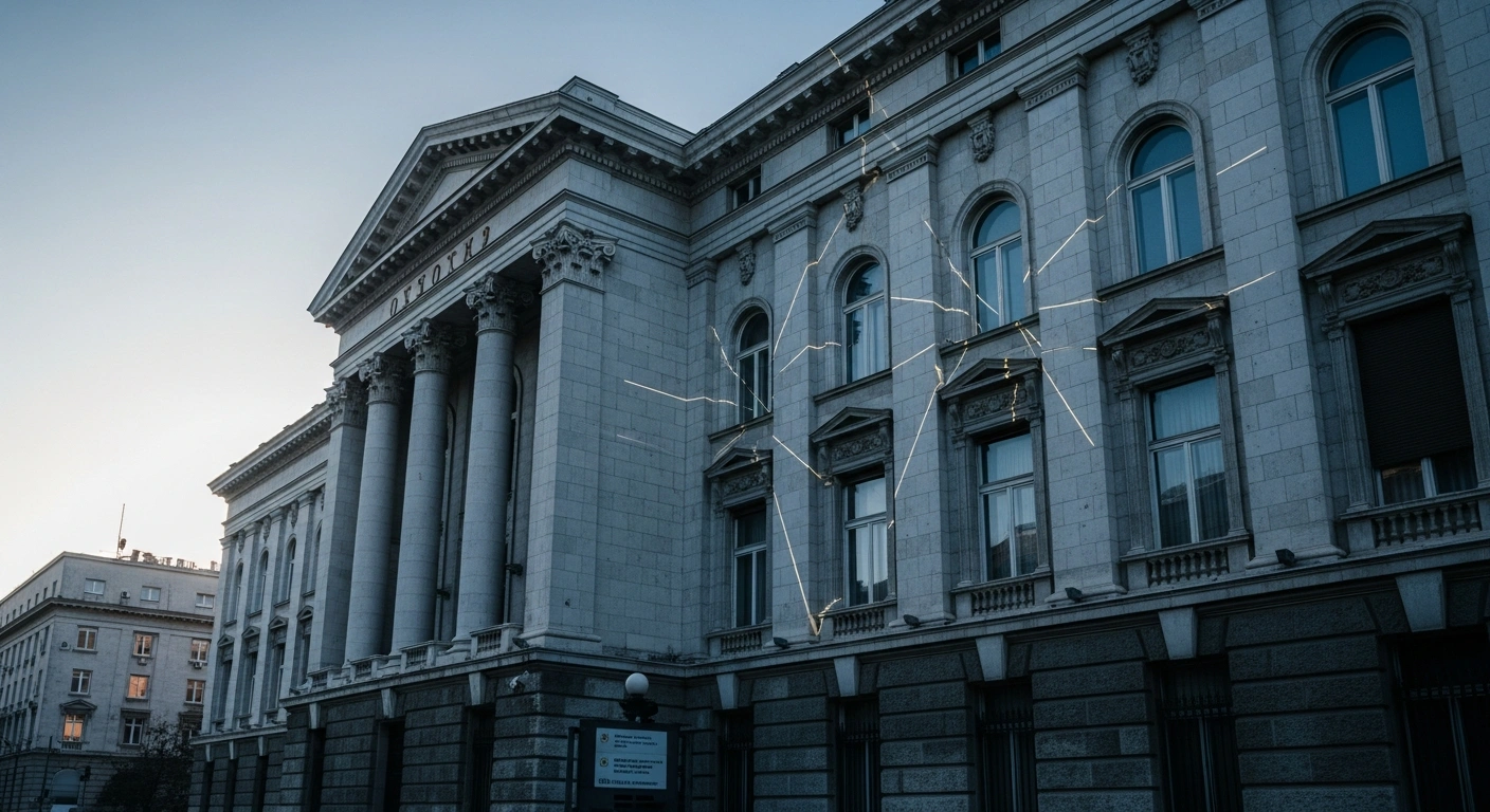 A majestic neoclassical building, representing Serbian public enterprises, is bathed in dawn light, with subtle geometric patterns of light tracing across its facade, symbolizing its conversion into limited liability companies for enhanced corporate governance and improved management efficiency by the Serbian government.