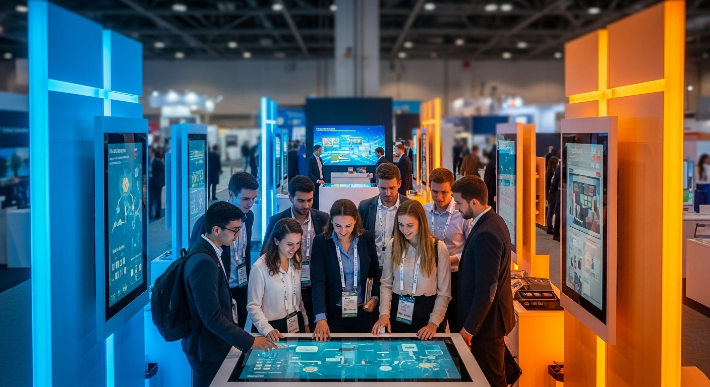 A wide-angle, elevated view of a bustling, futuristic exhibition hall bathed in dynamic blue and orange light, where a diverse group of energetic young professionals, representing Serbian startups, are gathered around a glowing, interactive exhibit, showcasing innovations at a global tech conference like Web Summit 2025 in Lisbon.