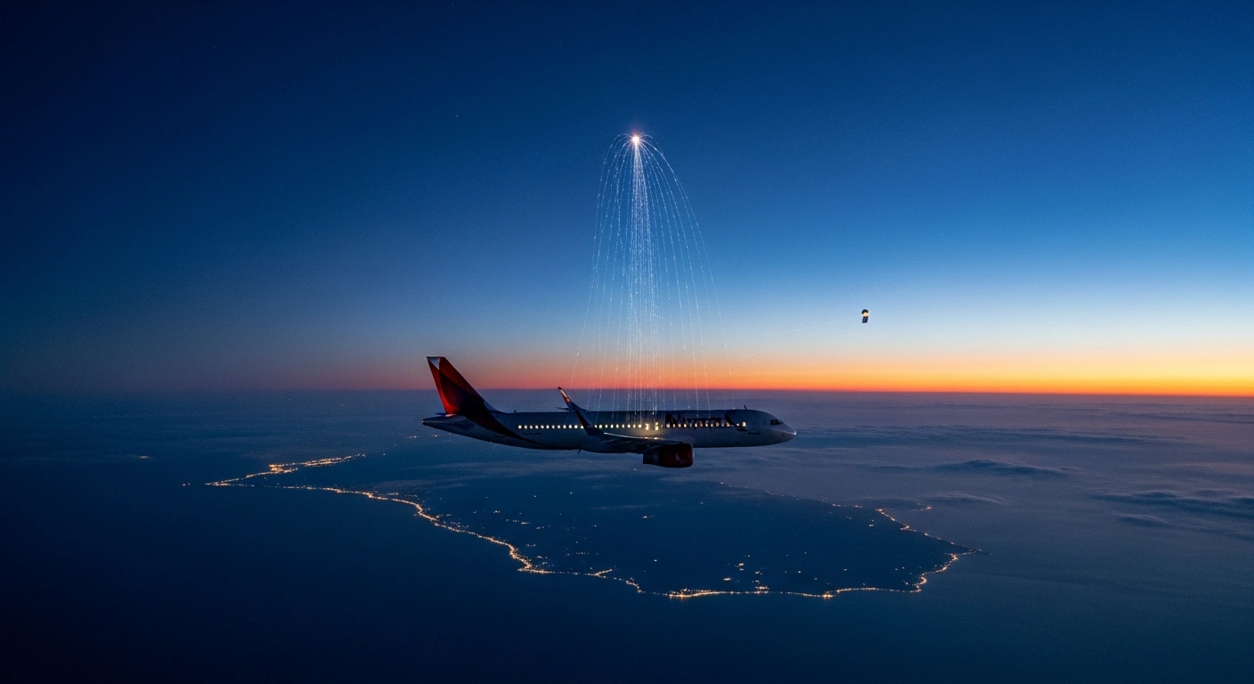 An Avianca Airbus A320 aircraft flies over the illuminated coastline of South America at dusk, with subtle light trails indicating inflight connectivity, symbolizing the new multi-orbit service launched by SES and Abra Group across the Americas.