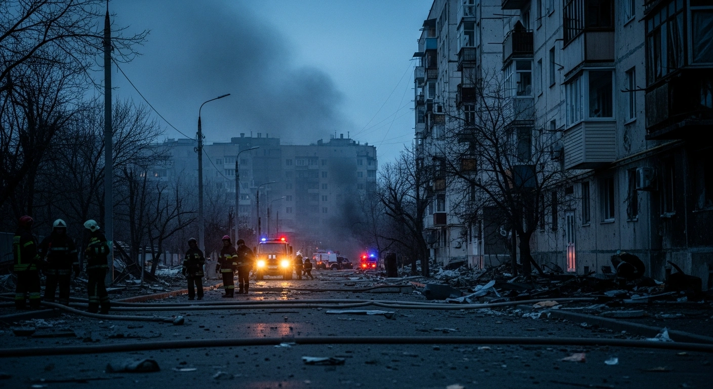 Emergency responders work at the site of a drone strike in Sevastopol where a woman was killed and others were injured.
