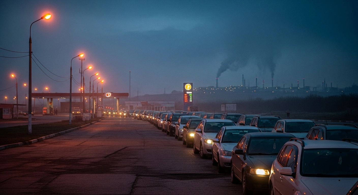 A long queue of cars waits at a fuel station in Sevastopol due to gasoline rationing caused by regional supply chain disruptions.