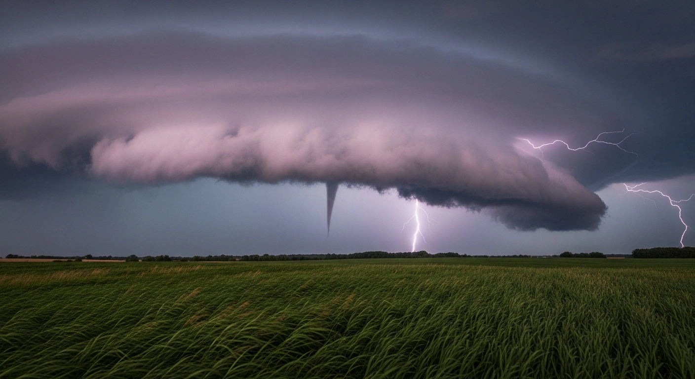 A massive, dark supercell storm cloud with a visible funnel cloud looms over a rural landscape in the Mid-Atlantic United States during a severe weather event.