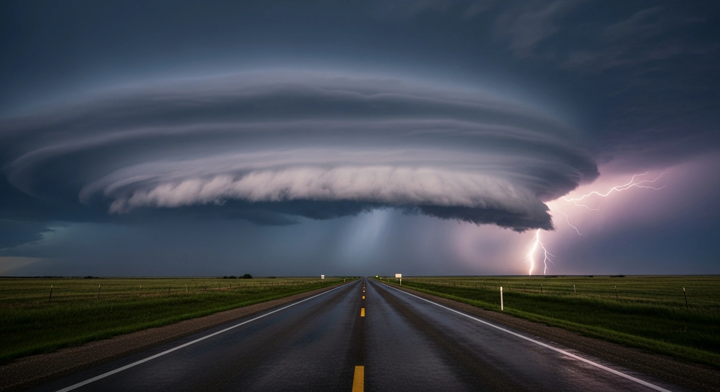 A severe thunderstorm with a massive supercell cloud and lightning strikes over a rural landscape in the Central Plains during a flash flood warning.