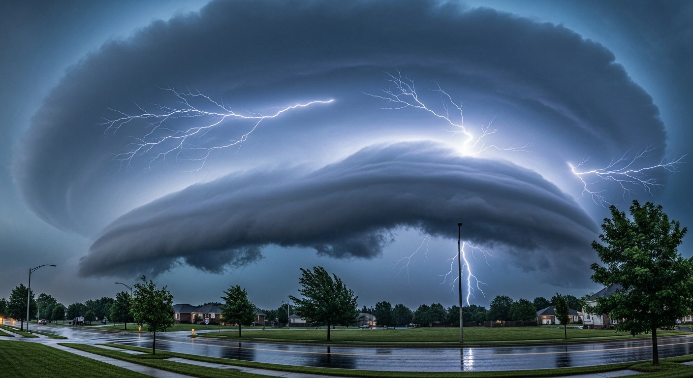 A massive, dark supercell storm cloud with lightning looms over a residential area in the eastern United States as a severe weather system approaches.