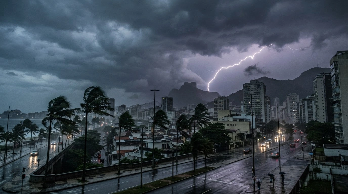 A dramatic storm with heavy rain and dark clouds looms over a residential area in Brazil as meteorologists warn of severe weather conditions.