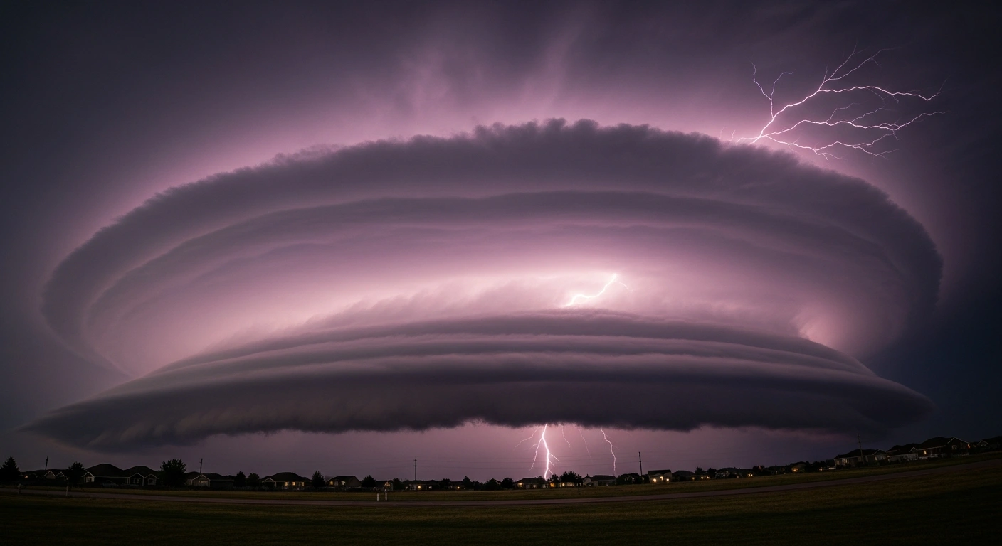 A massive, dark supercell storm cloud with a lightning bolt looms over a landscape, representing the severe thunderstorm risk in the Northeast and Mid-Atlantic.