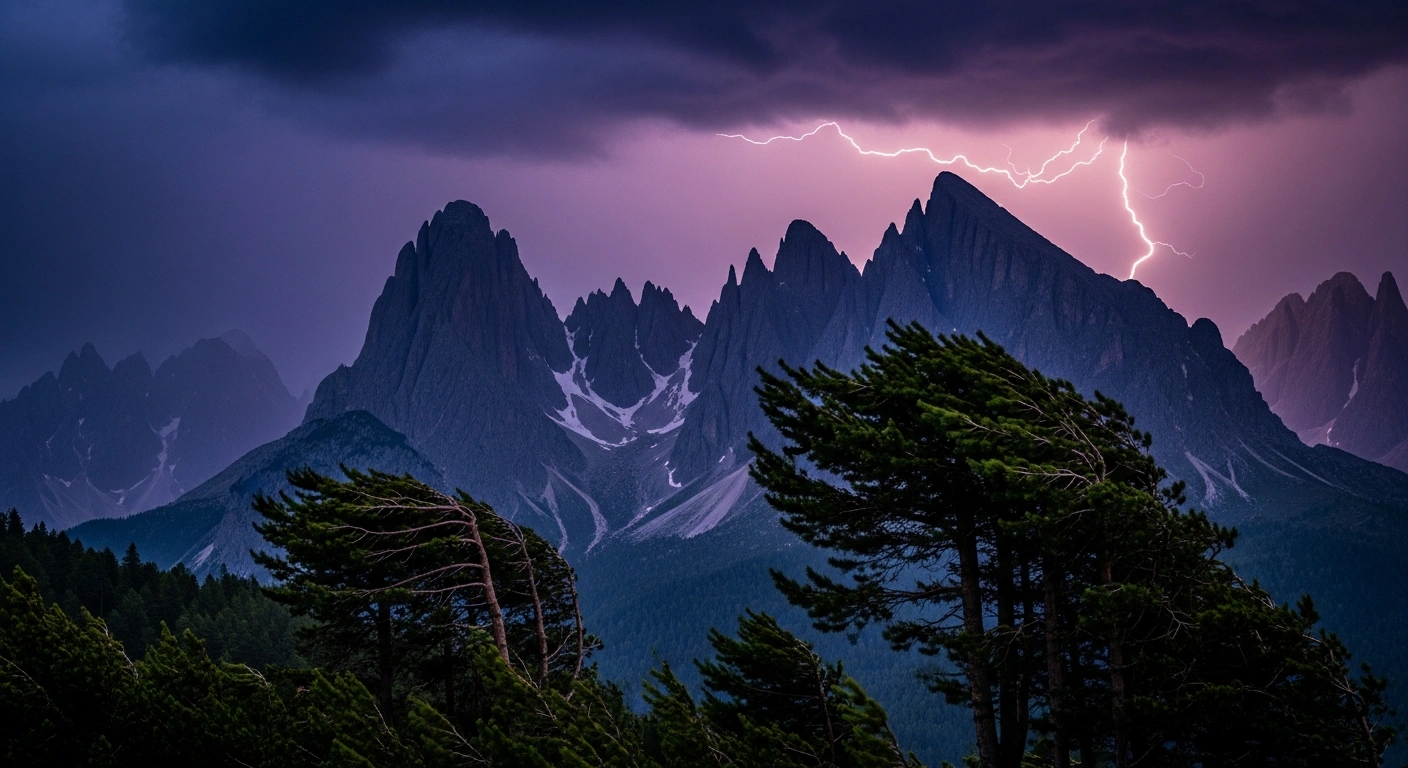 A dramatic lightning bolt strikes over the dark, storm-swept peaks of the Alps in eastern France during a severe weather event.