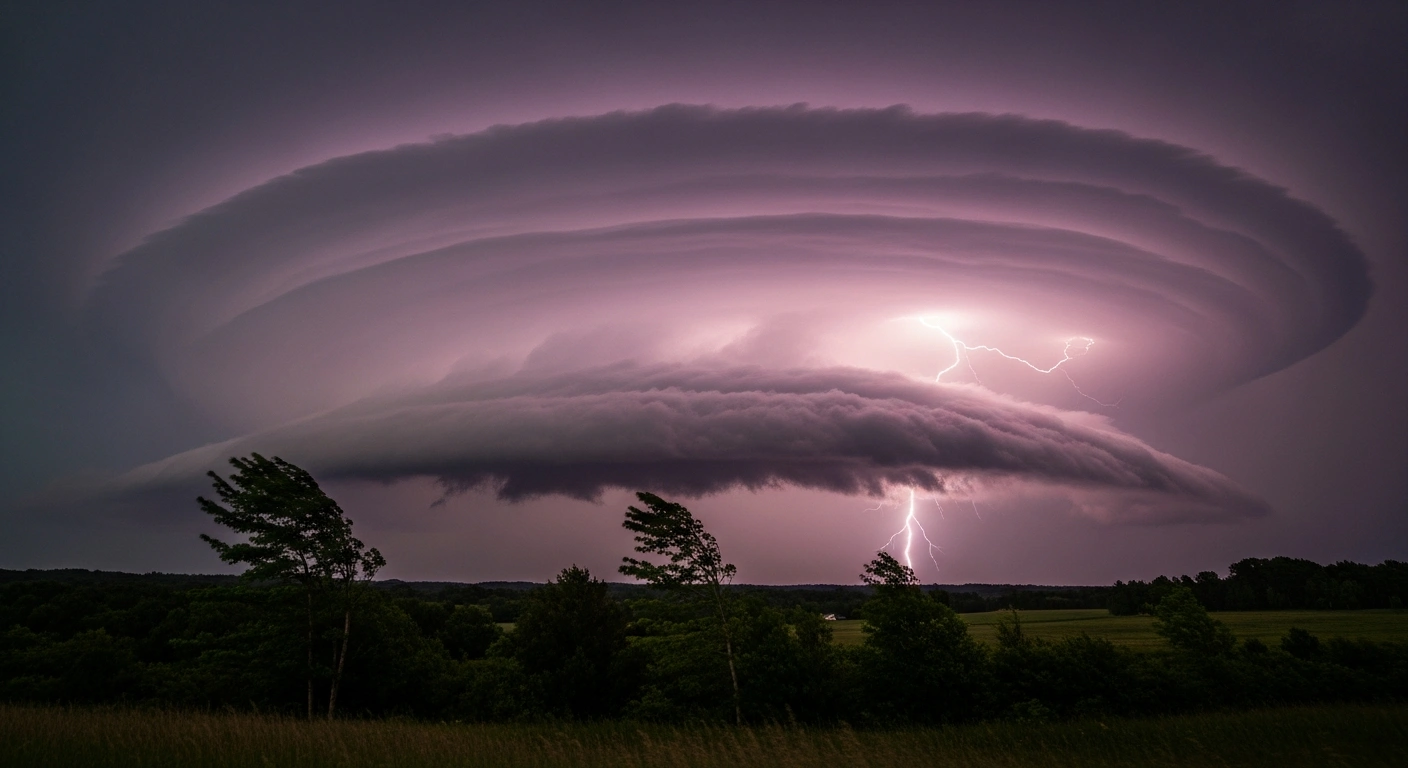 A dark, rotating supercell storm cloud looms over a rural landscape in New England during a severe thunderstorm warning.