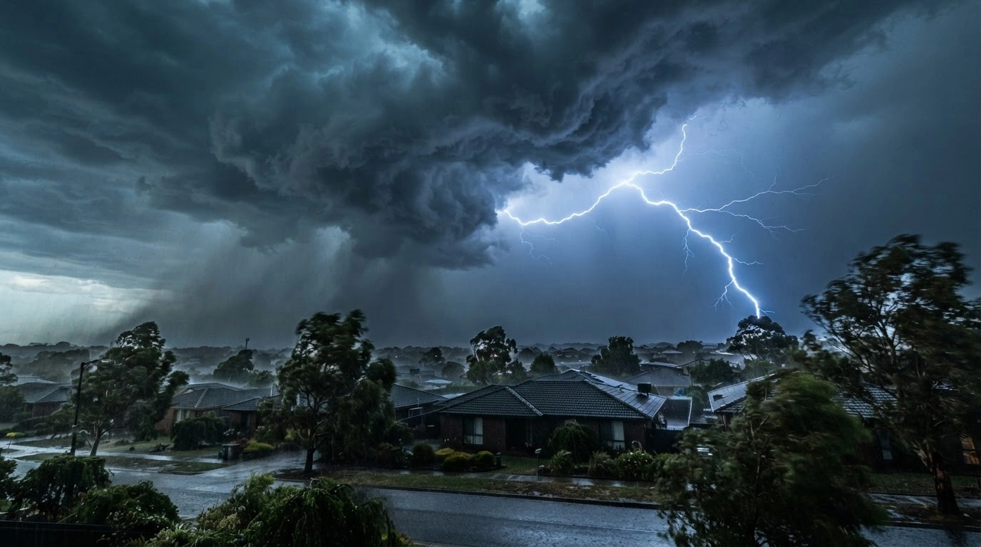 A dramatic storm with heavy rain and lightning strikes over a residential area in south-eastern Australia during a severe weather warning.